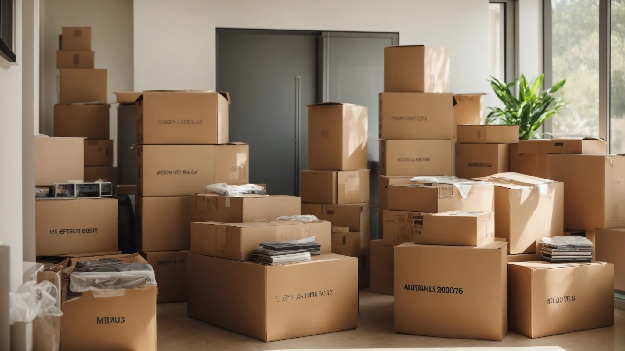 A Neatly Organized And Labelled Stack Of Moving Boxes In A Sunlit Room, Ready For Transport In Irvine, Ca (33.6846° N, -117.8265° W).