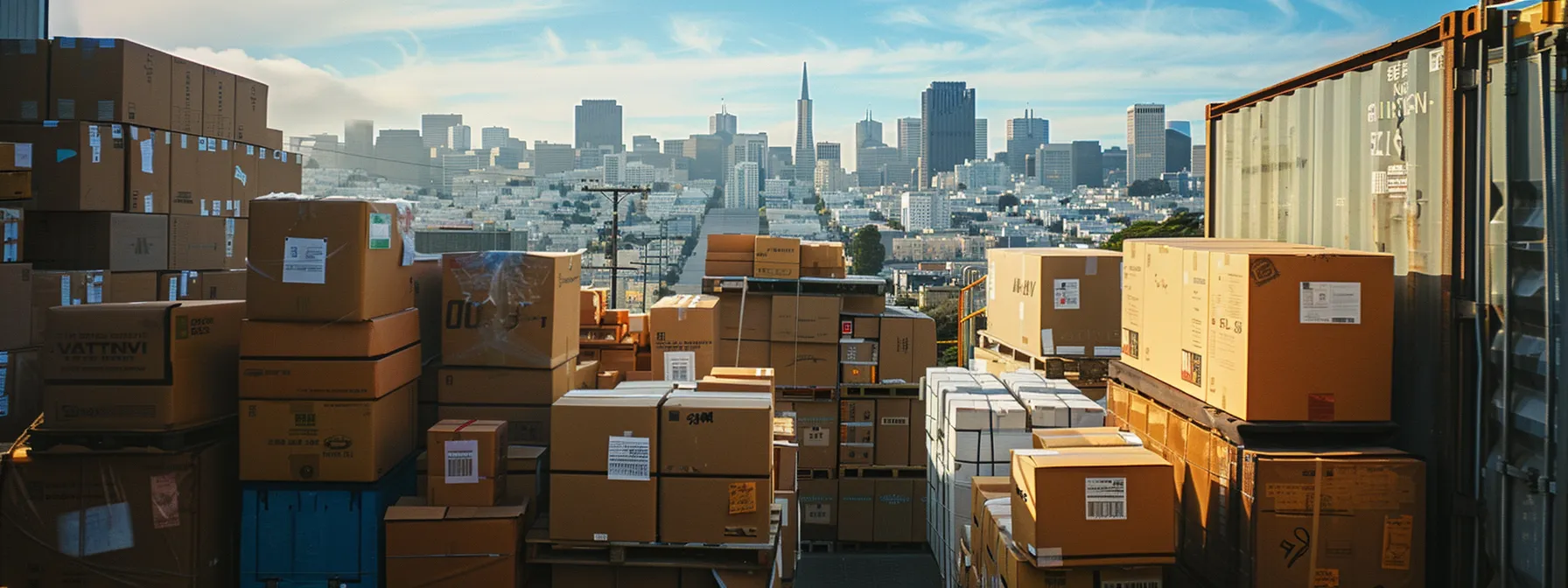 Neatly Packed Boxes Labeled And Stacked Efficiently In A Moving Truck Against The Backdrop Of The Iconic Skyline Of Downtown San Francisco.