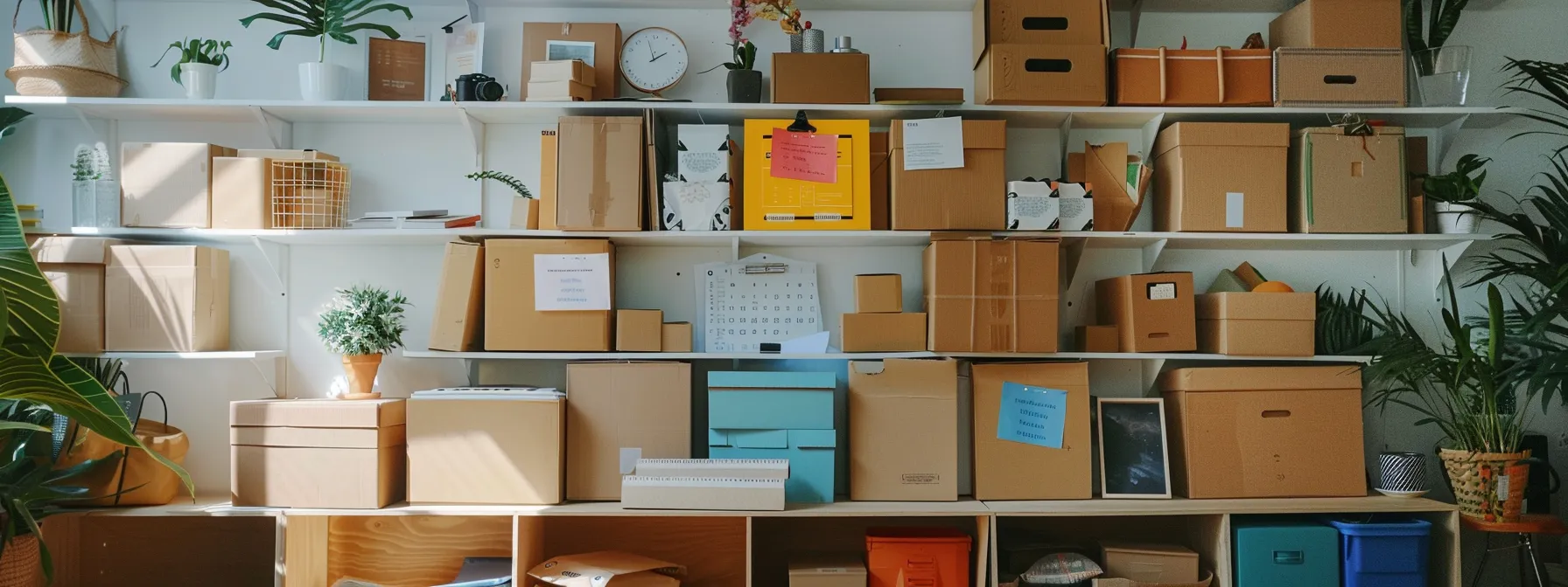 Organized Moving Checklist Pinned To A Wall, Surrounded By Labeled Moving Boxes And Packing Supplies.