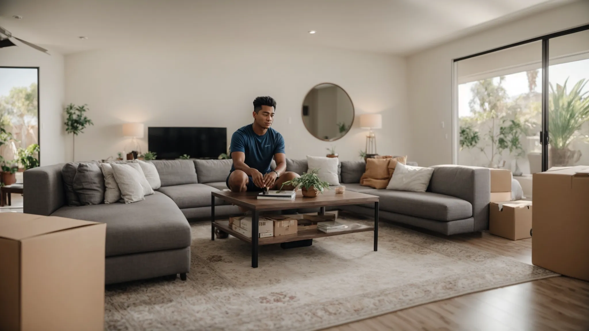 A Person Calmly Supervising A Team Of Movers Efficiently Packing Boxes In A Spacious Living Room In Irvine, Ca (33.6846° N, -117.8265° W).