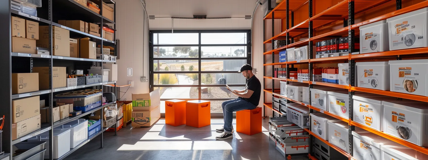 A Person Carefully Reading And Signing A Storage Rental Agreement In A Modern Storage Facility In Orange County, Surrounded By Shelves Of Neatly Organized Boxes And Containers.