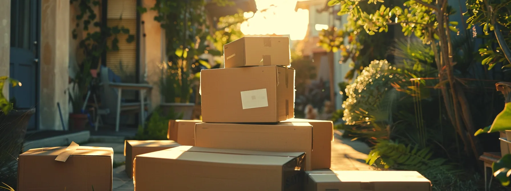 A Person Carefully Sorting And Stacking Empty Moving Boxes In A Sunny, Clutter-Free Backyard.