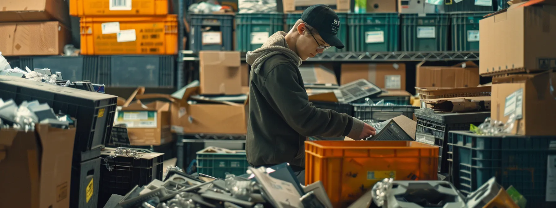 A Person Sorting Through A Pile Of Electronics For Recycling, With A Backdrop Of Labeled Donation Boxes, Capturing The Essence Of Environmental Responsibility In Irvine, Ca (Coordinates: 33.6839° N, 117.7947° W).