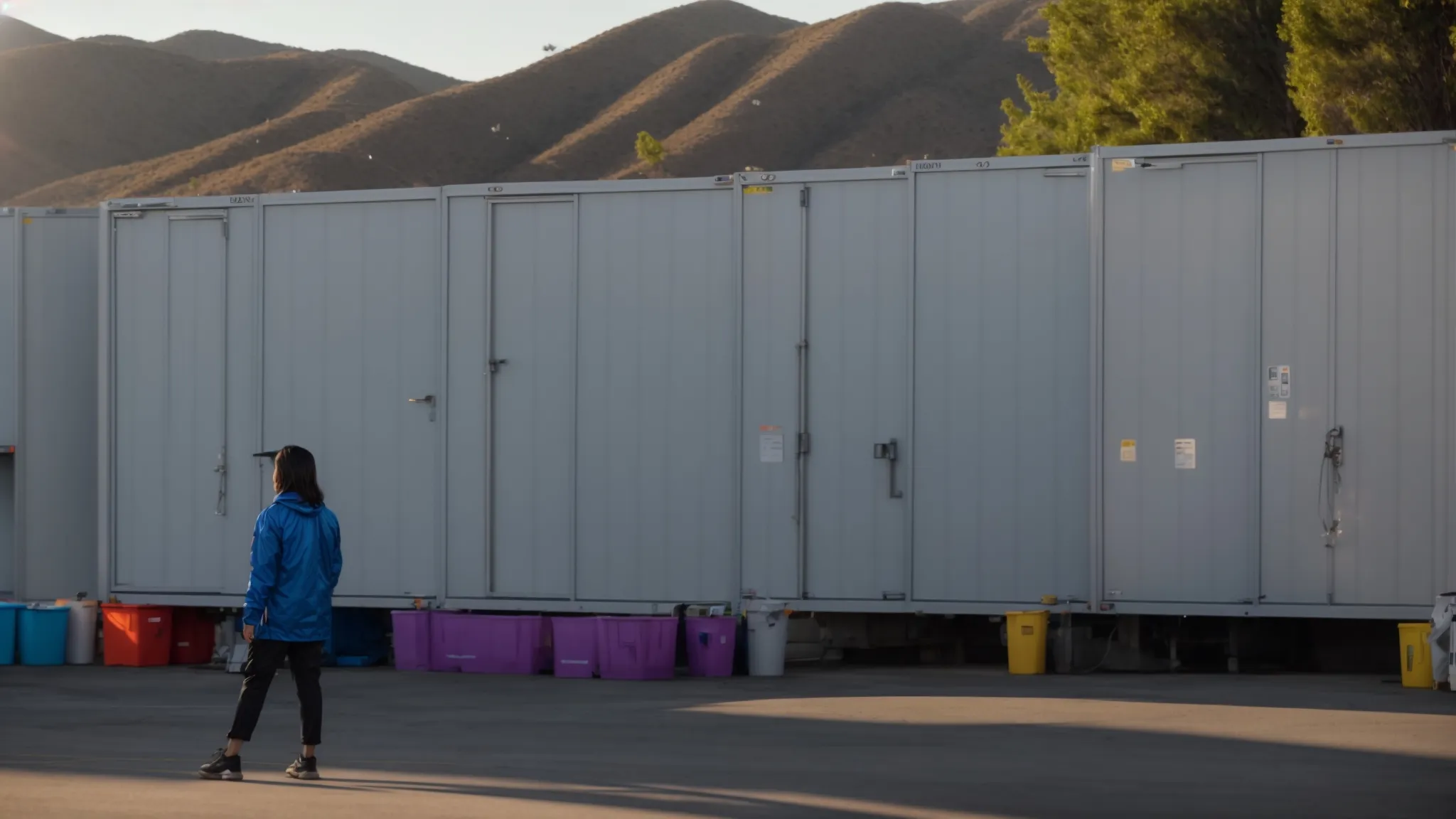 A Person Standing In Front Of A Row Of Brightly Colored Storage Units At A Secure Orange County Facility, With Mountains In The Background, Showcasing A Diverse Selection Of Storage Providers In Irvine, Ca (33.6846° N, -117.8265° W).