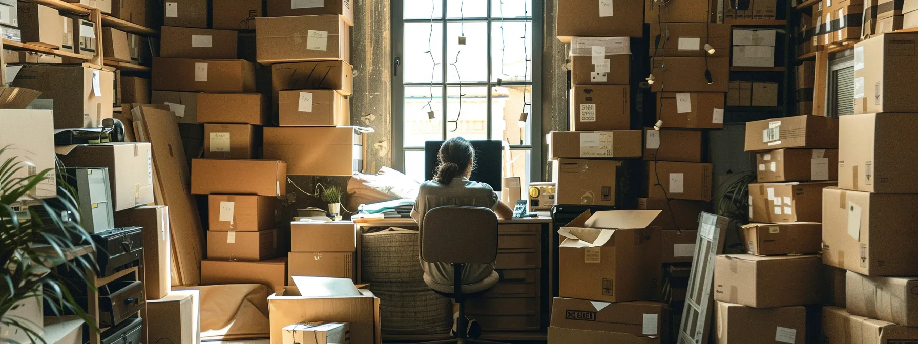 A Person Surrounded By Stacks Of Moving Boxes And A Computer, Comparing Online Quotes From North American Van Lines And Mayflower Transit For Their Cross Country Move In Orange County.