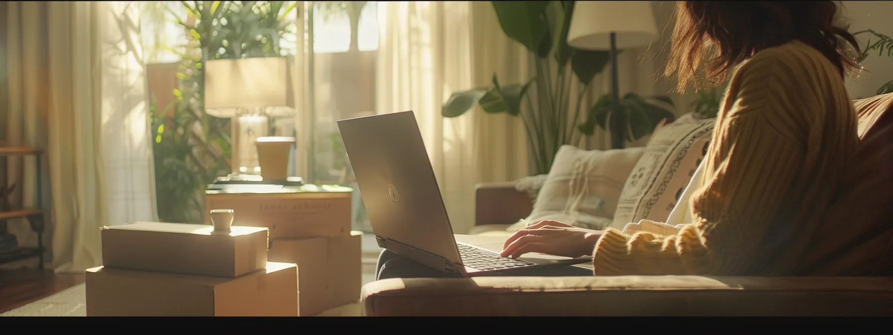 A Person Using A Moving Cost Calculator On A Laptop In A Bright, Organized Living Room, With Moving Boxes In The Background, In Irvine, Ca (33.6846° N, 117.8265° W).