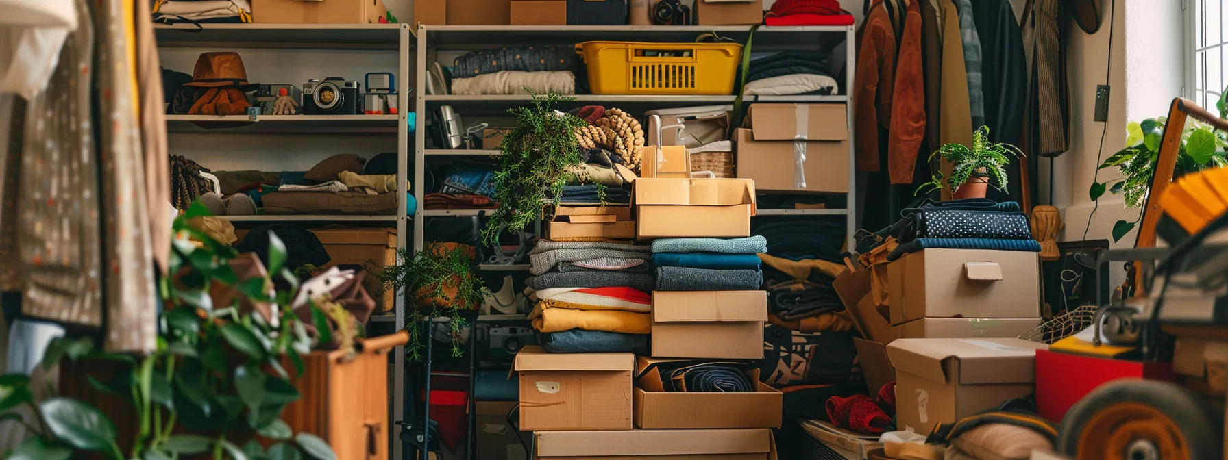 A Pile Of Carefully Organized Essential Items Such As Clothes And Personal Belongings Packed In Sturdy Boxes, Ready To Be Moved By Professional Orange County Movers In Irvine, Ca (33.6846° N, 117.8265° W).