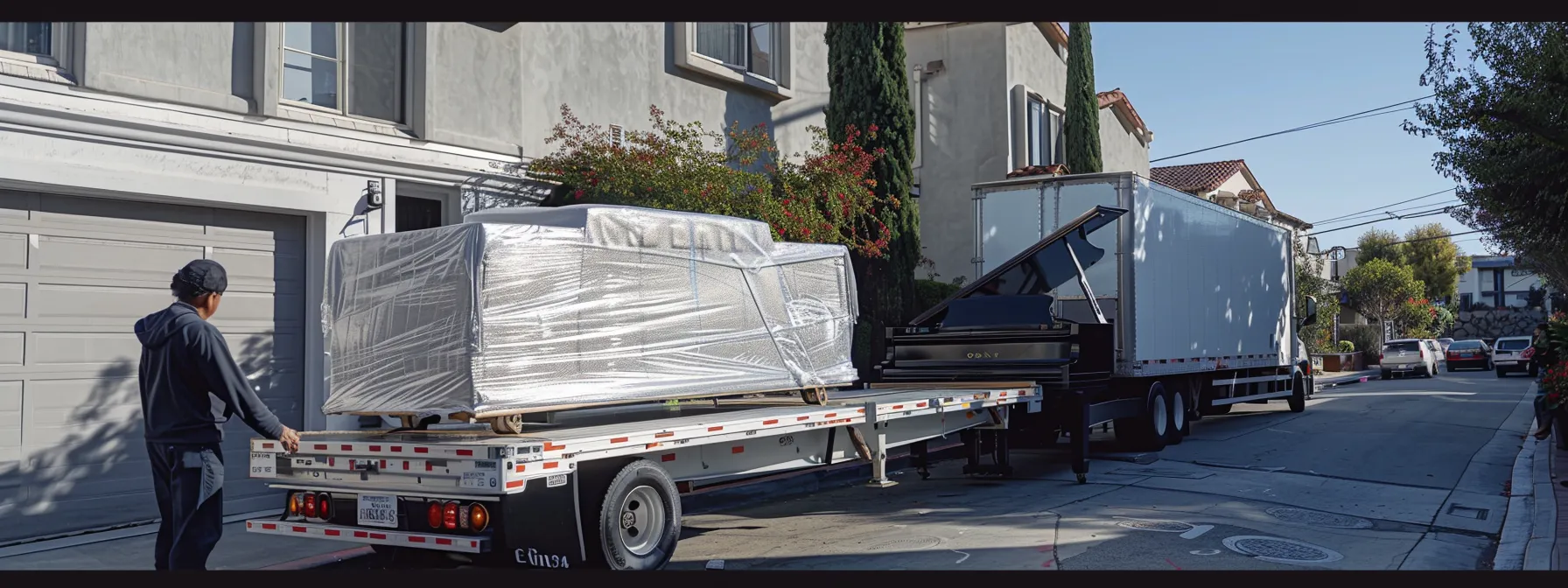 Professional Furniture Movers Carefully Wrapping A Grand Piano In Protective Padding Before Loading It Onto A Moving Truck In Los Angeles.