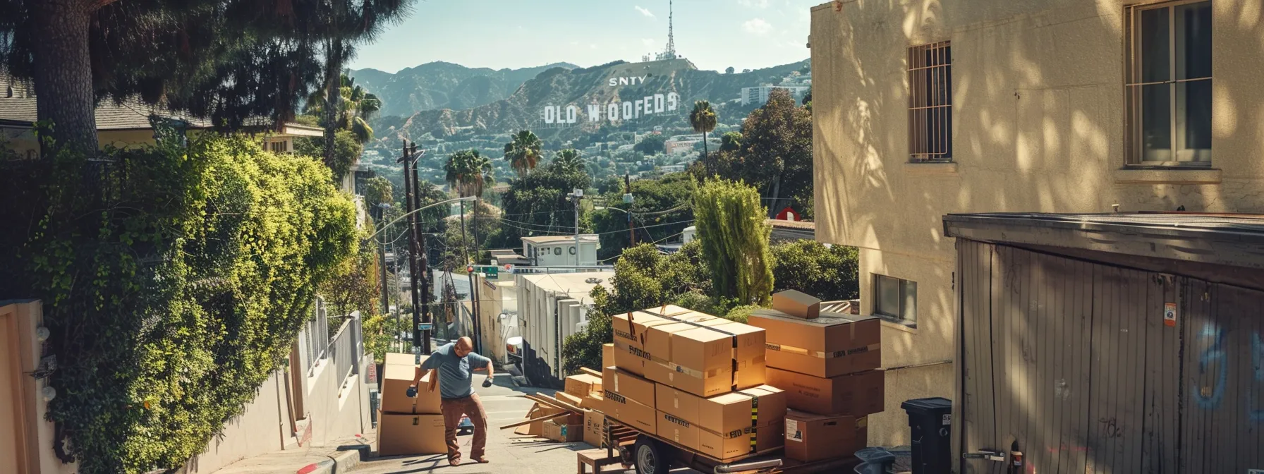 Professional Movers Carefully Maneuvering Furniture Up A Narrow Staircase In A Los Angeles Apartment Building, Surrounded By Moving Boxes And The Iconic Hollywood Sign In The Background.