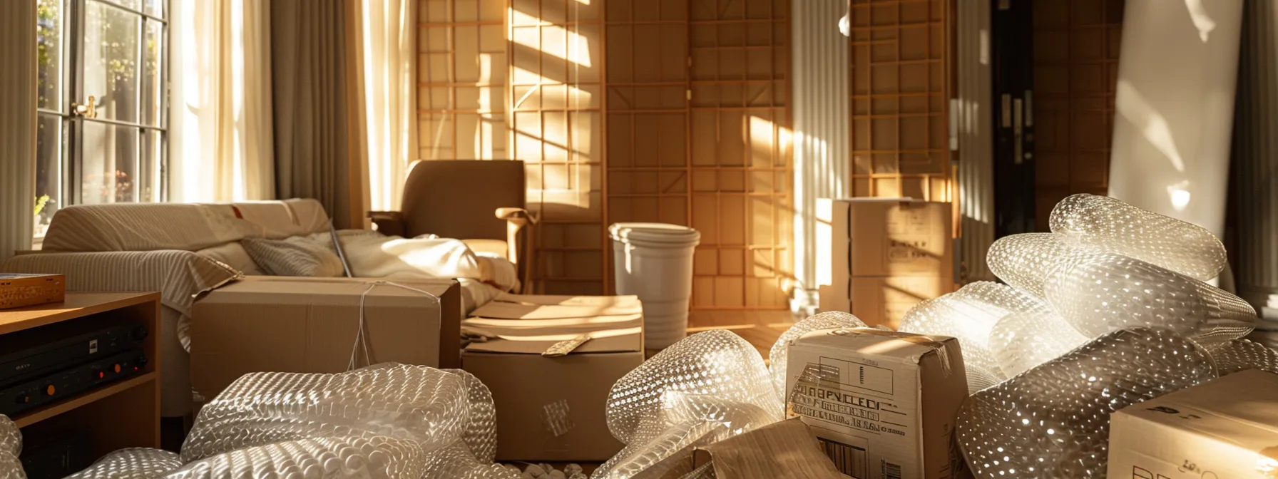 Professional Movers Expertly Wrapping Delicate Items In Bubble Wrap, Surrounded By Moving Boxes And Equipment, Ensuring A Cost-Saving And Damage-Free Relocation Process In Los Angeles.