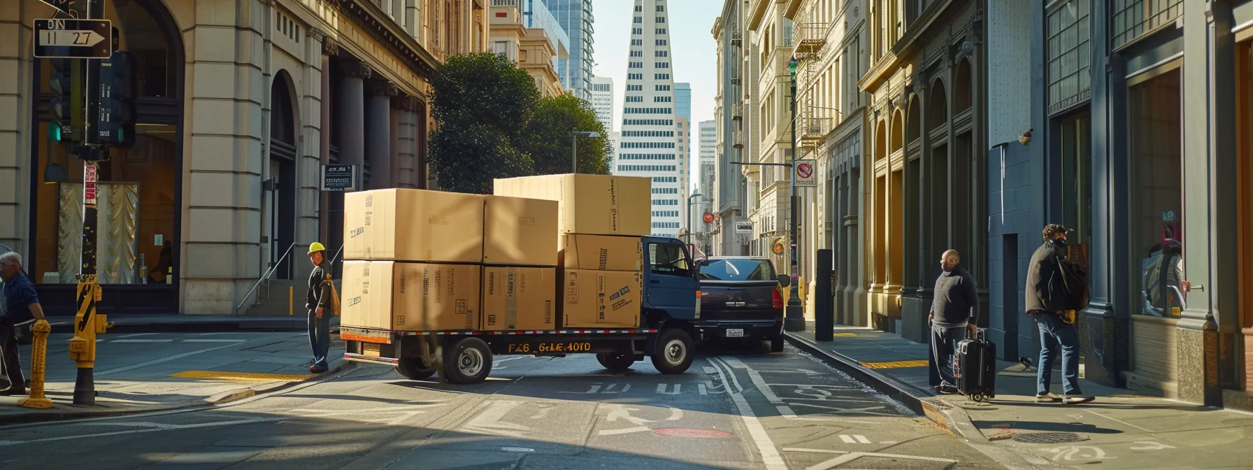 Professional Office Movers Carefully Transporting Valuable Assets Through The Bustling Streets Of Downtown San Francisco (37.7749° N, 122.4194° W).