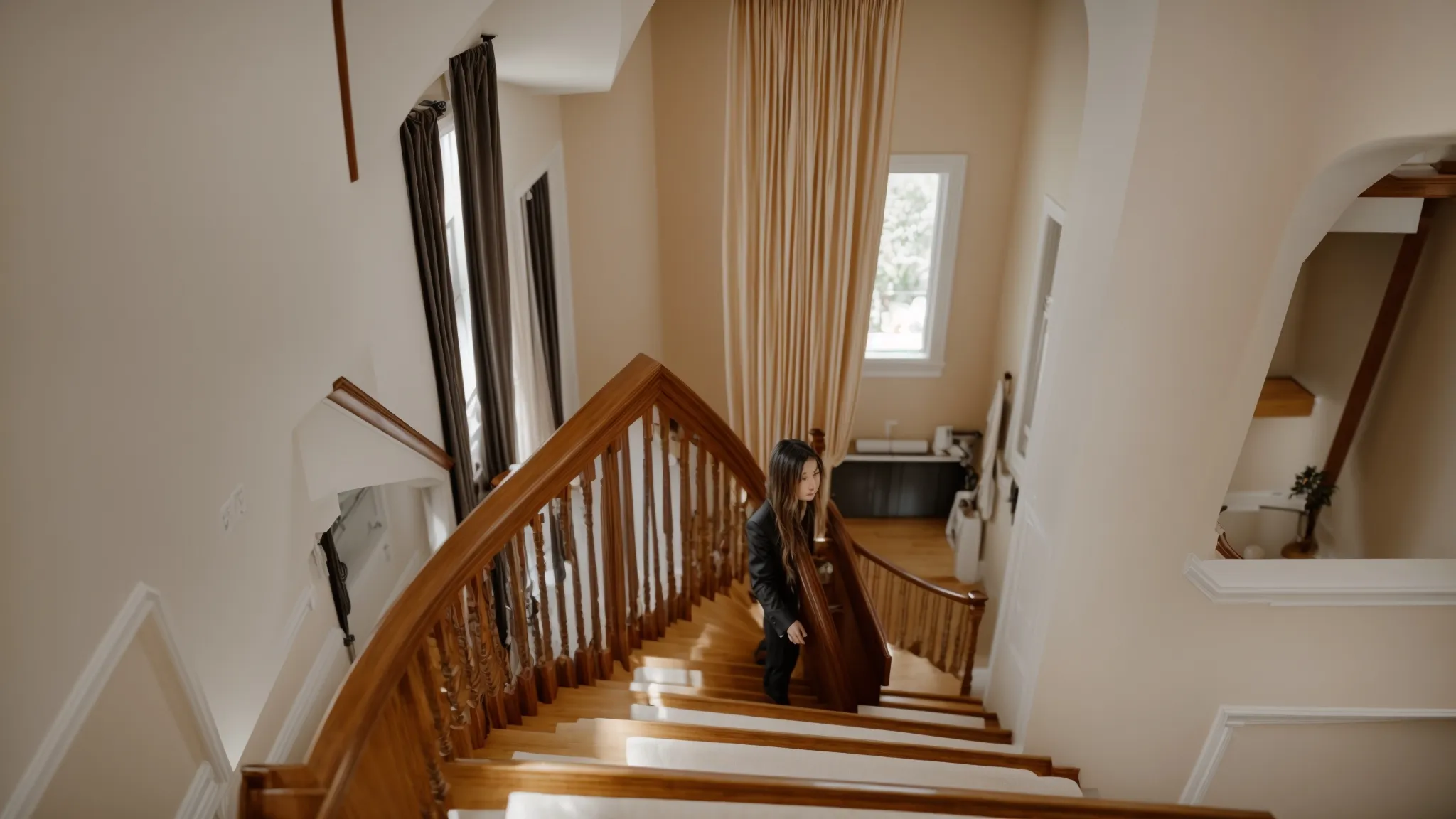 A Professional Piano Mover Carefully Navigating A Grand Piano Down A Narrow Staircase In Orange County.