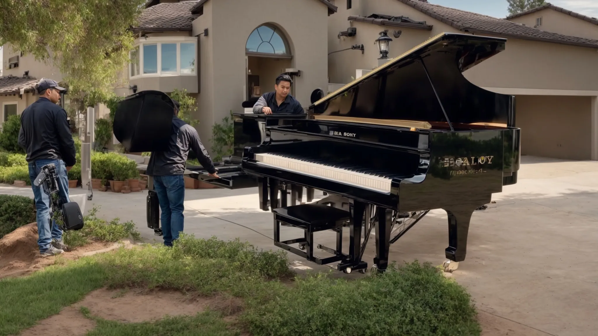 A Professional Piano Mover Gently Lifts A Grand Piano Onto A Specialized Truck, Surrounded By A Team Of Experts And High-Quality Moving Equipment In Irvine, Ca.