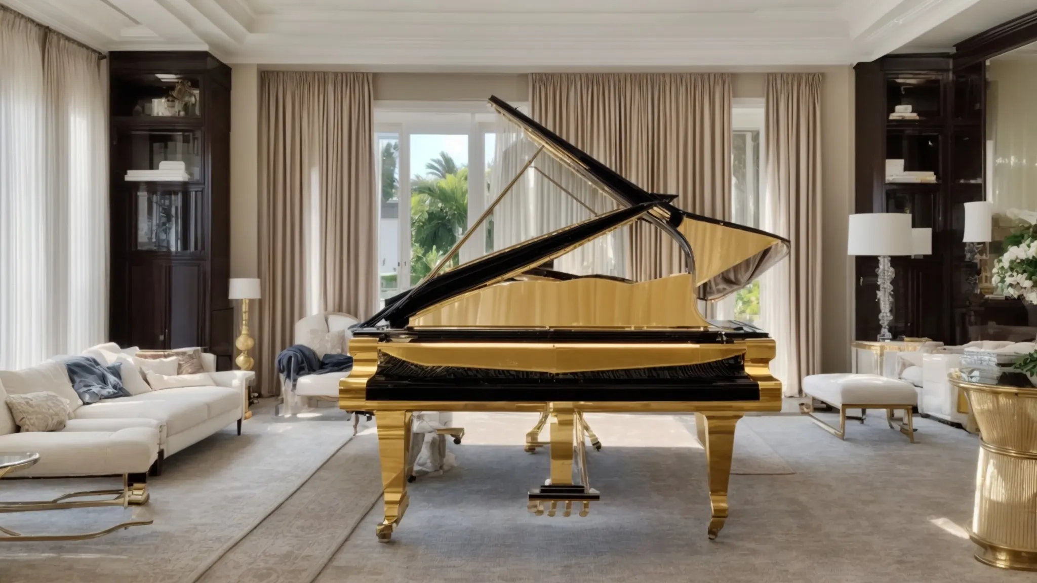 A Professional Piano Moving Team Carefully Transporting A Grand Piano Through A Luxurious Home In Irvine, Ca (33.6839° N, -117.8254° W).