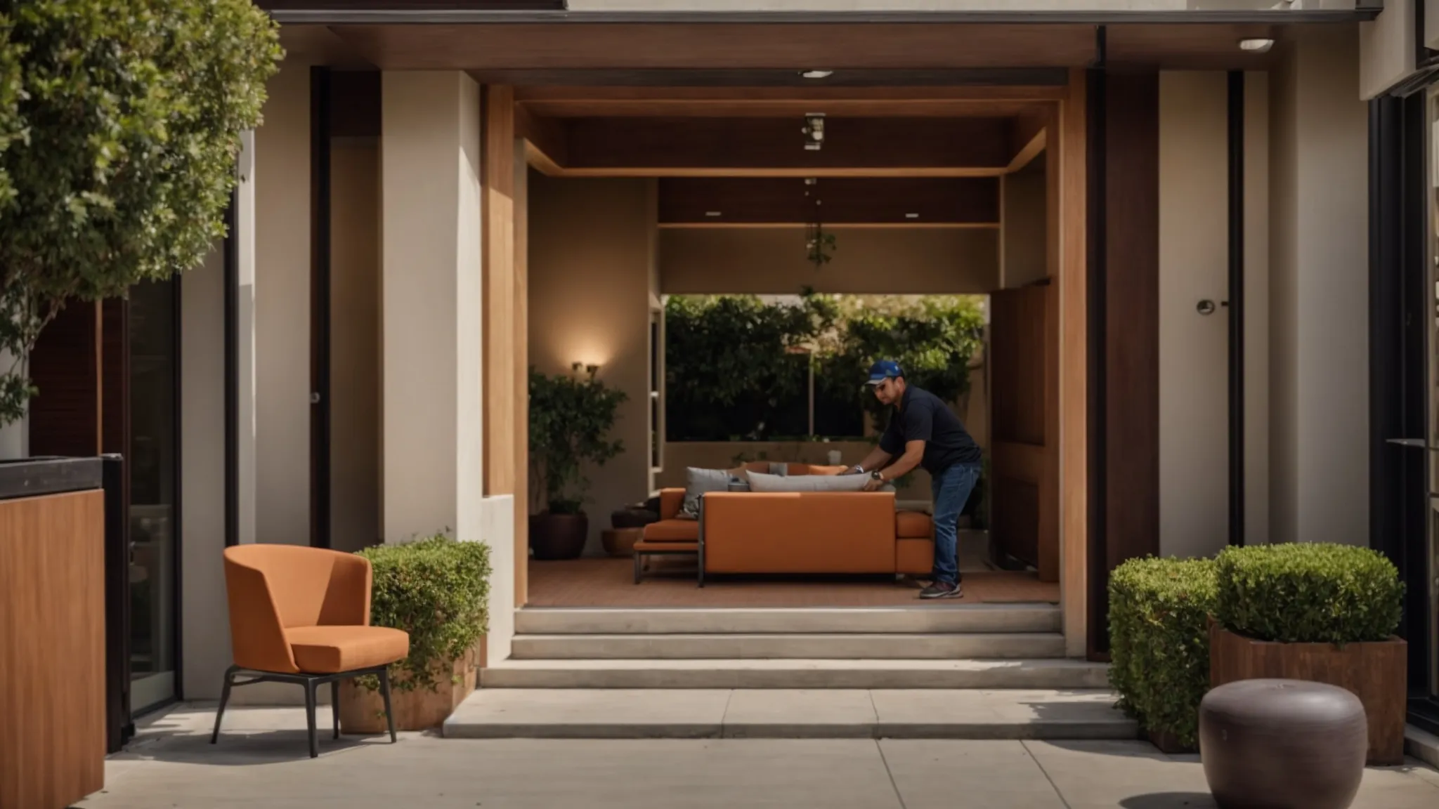 A Professional Residential Mover Carefully Maneuvering A Large Sofa Out Of A Doorway In The Bustling Streets Of Irvine, Ca (Lat: 33.6846, Long: -117.8265).