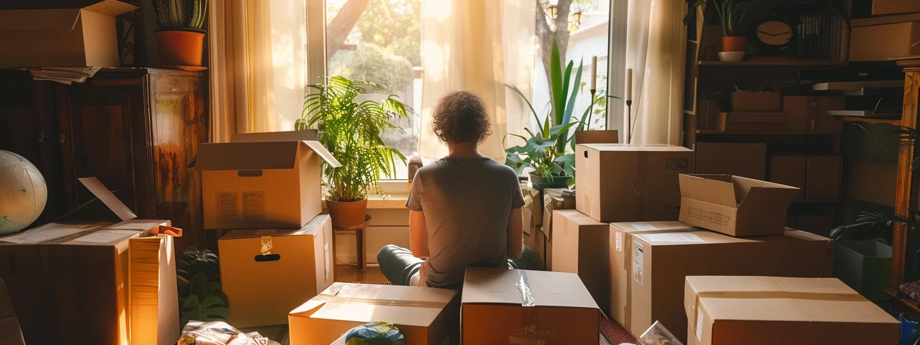 Researching Local Moving Services In Orange County, A Person Examines Brochures From Different Companies Against A Backdrop Of Moving Boxes And Packing Supplies In A Well-Lit Room.