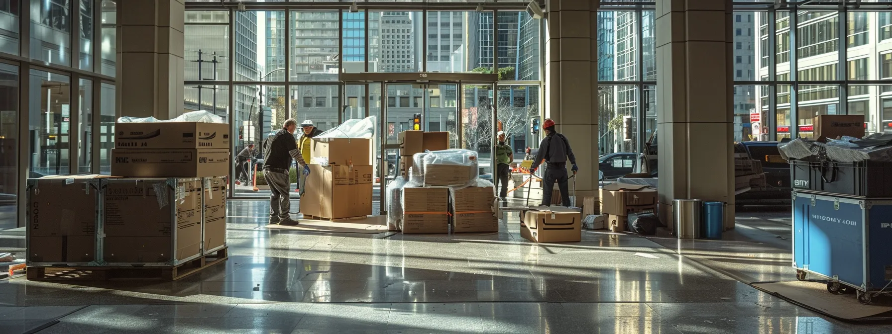 San Francisco Commercial Movers Efficiently Packing Heavy Equipment In A Downtown Office Building.