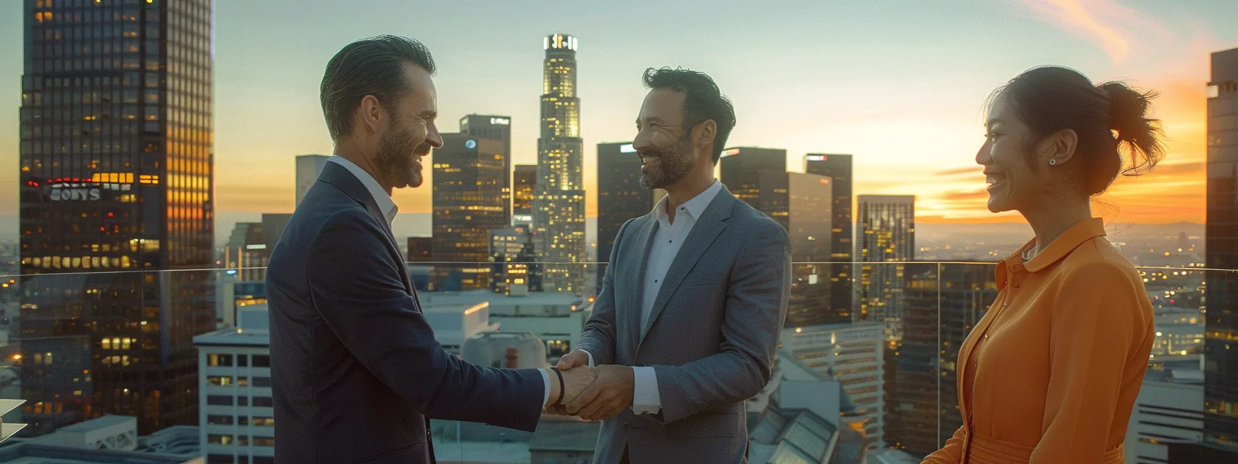 Satisfied Customers Smiling And Shaking Hands With The Move Central Team In Front Of A Beautiful Los Angeles Skyline.