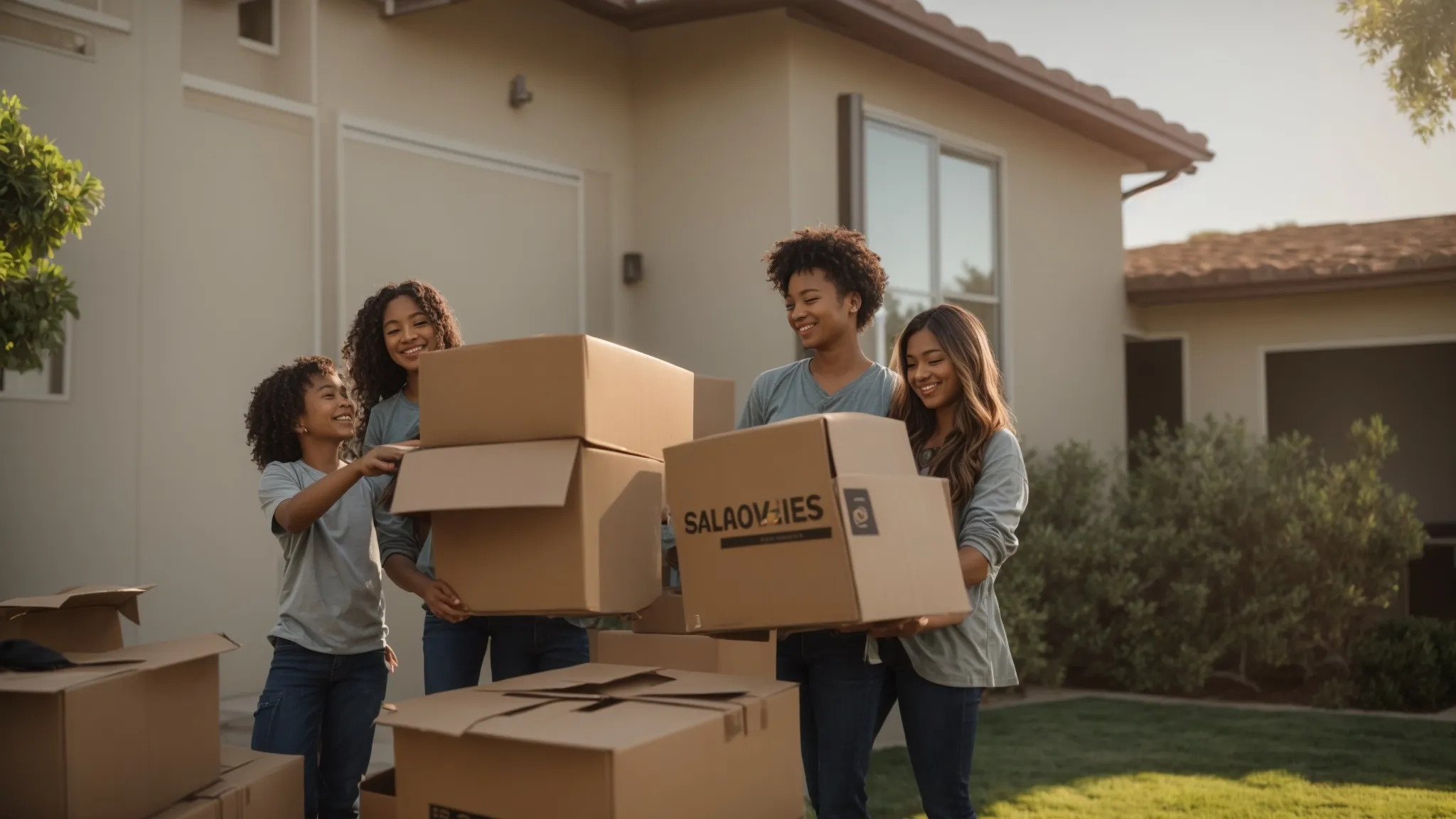 A Smiling Family Unloading Solar-Powered Moving Boxes Outside Their Eco-Friendly Home In Irvine, Ca (33.6839° N, -117.7947° W).