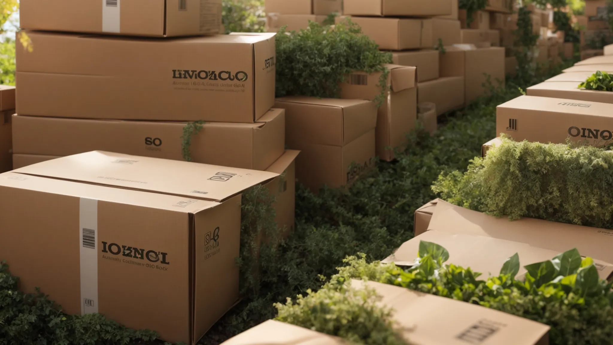 A Stack Of Custom Corrugated Boxes And Poly Bags, Surrounded By Greenery, Showcasing Sustainable Packaging Options In Irvine, Ca (33.6846° N, -117.8265° W).