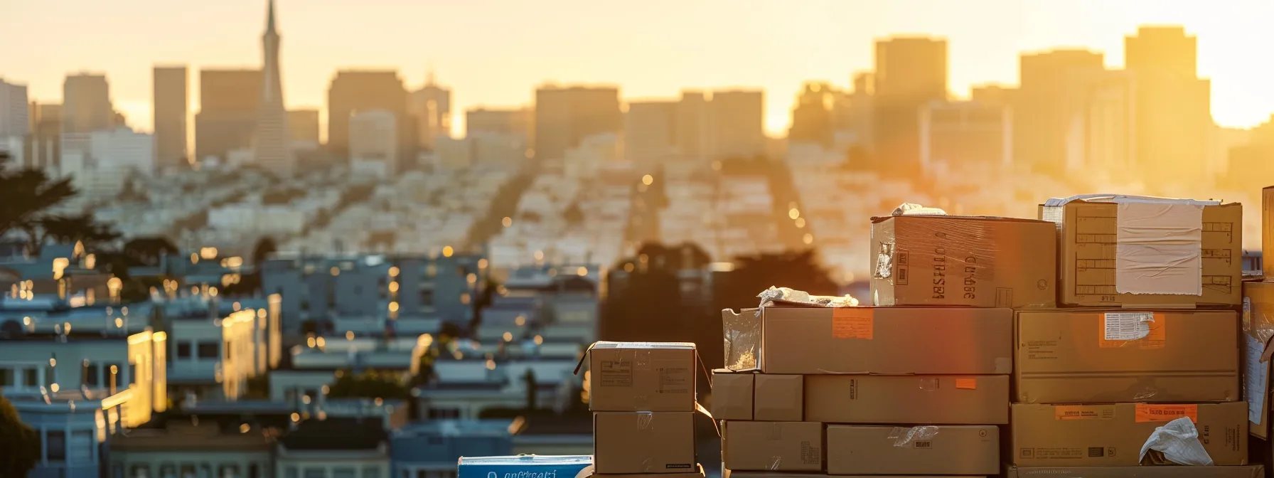 A Stack Of Recyclable Boxes And Biodegradable Packing Materials Against The Backdrop Of San Francisco's Cityscape, Showcasing The Shift Towards Eco-Friendly Moving Supplies In The Heart Of The City.