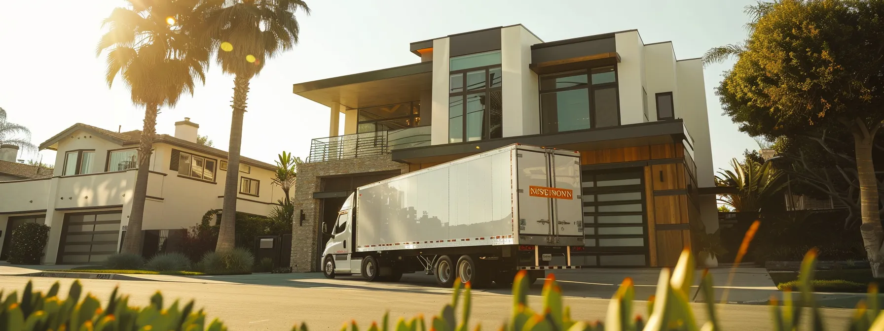 A Sunny Outdoor Scene Showing A Moving Truck Parked In Front Of A Modern Home In Irvine, Ca, With A Sign Advertising Reputable Local Moving Companies In Orange County.