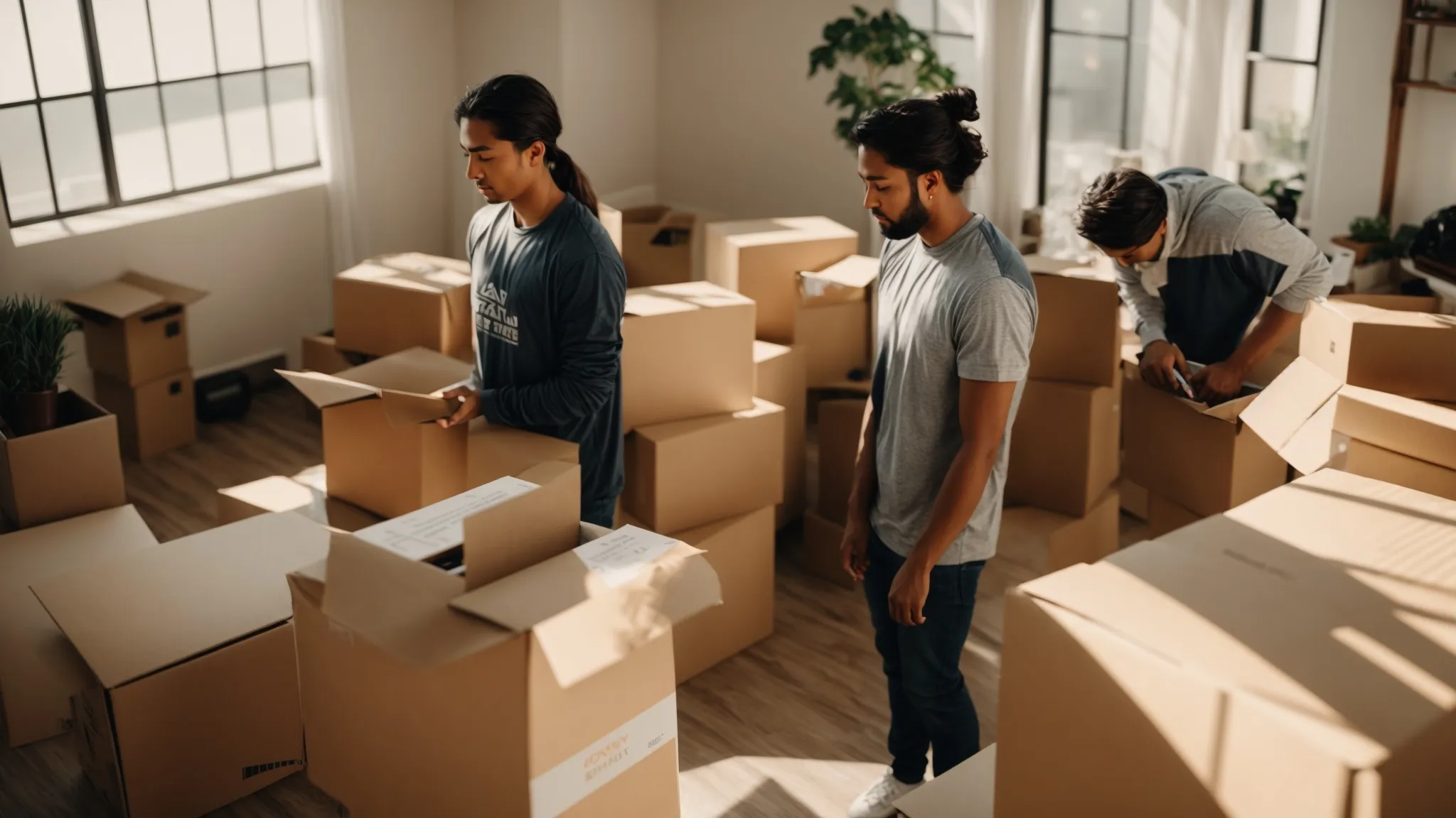 A Team Of Local Movers In Orange County Expertly Packing Boxes In A Sunlit Room, Showcasing Efficiency And Care, With Geotags In Irvine, Ca (Lat: 33.6846, Long: -117.8265) For A Smooth And Stress-Free Move.