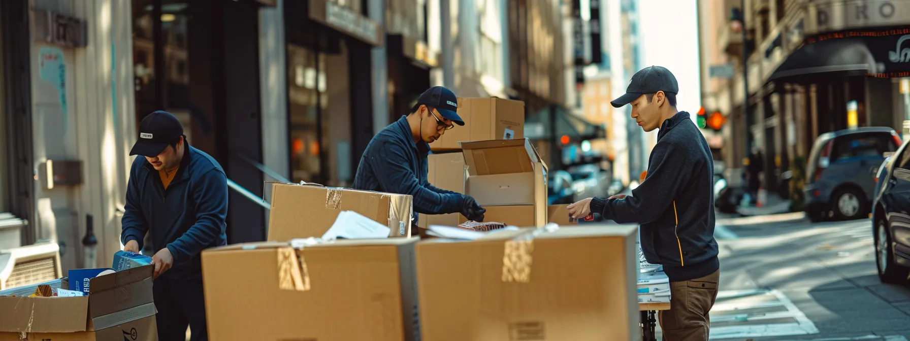 A Team Of Skilled Office Movers Carefully Packing Up Sensitive Equipment And Important Documents In Downtown San Francisco, Ensuring A Seamless Transition With Efficient Logistics And Minimal Downtime. (37.7749° N, 122.4194° W)