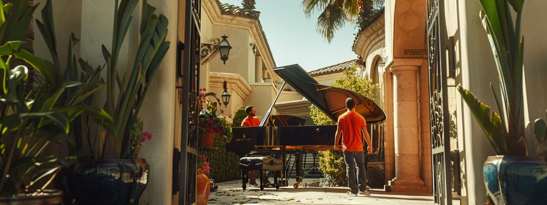 A Team Of Skilled Piano Movers Carefully Maneuvering A Grand Piano Through A Narrow Doorway In Irvine, Ca (33.6839° N, 117.7947° W).