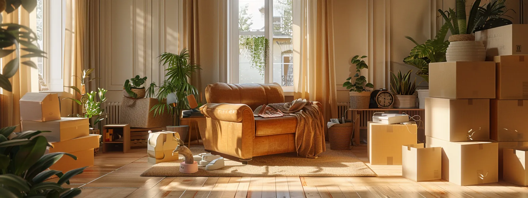 Unpackers Arranging Cozy Furniture In A New Home, Surrounded By Neatly Disposed Packing Materials.