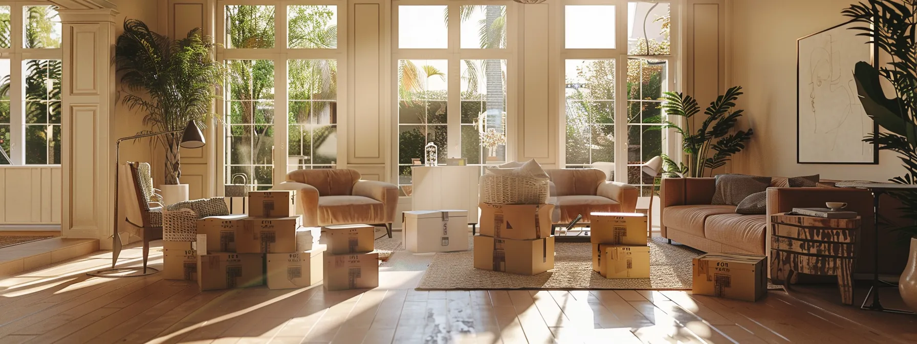 Unpacking Boxes In A Bright And Spacious Los Angeles Home, With Sunlight Streaming Through Large Windows And Modern Furniture In Place.