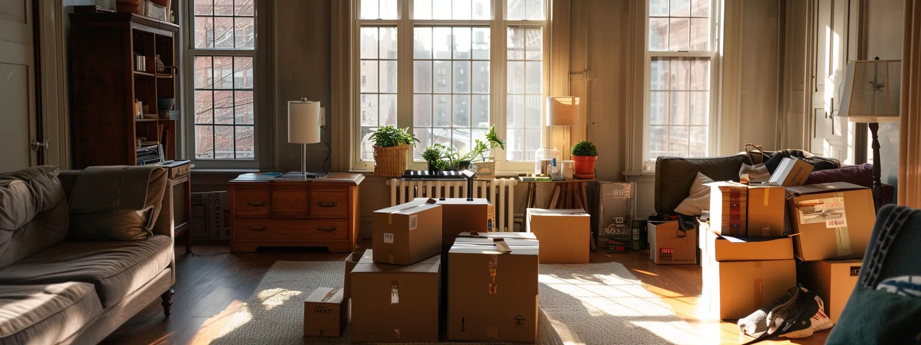 Unpacking Boxes In A Cozy New York Apartment, With Furniture Arranged Strategically For A Smooth Settling-In Process After The Move.