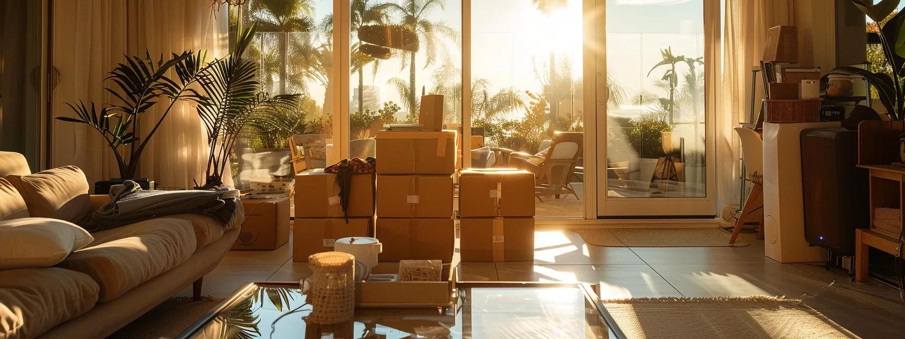 Unpacking Boxes In A Sunlit Living Room With A View Of Palm Trees, Showcasing The Process Of Settling Into A New Home In Orange County.