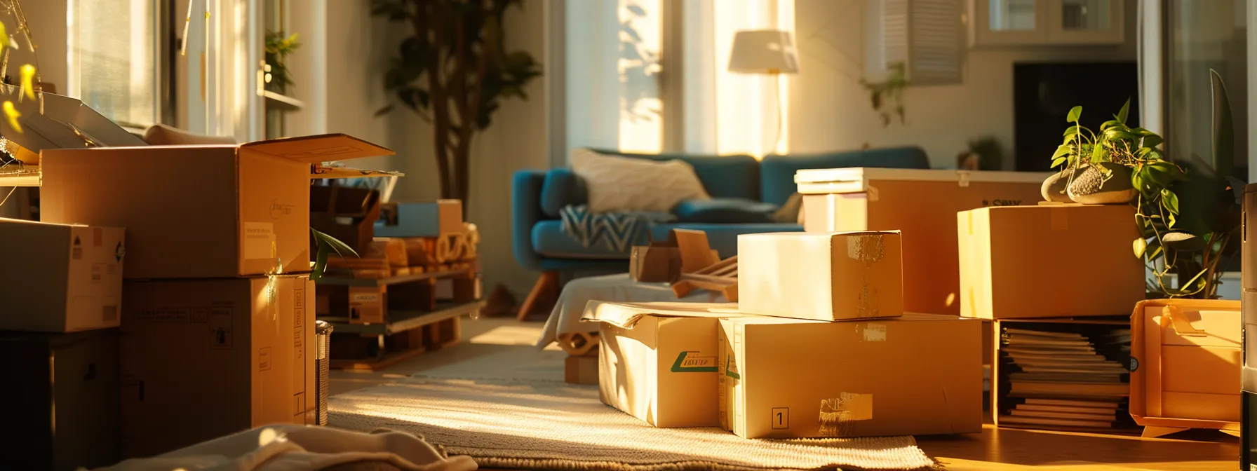 Unpacking Boxes In A Sunlit Living Room With Scattered Packing Materials And Moving Boxes, Contributing To An Organized And Cozy New Home Environment.