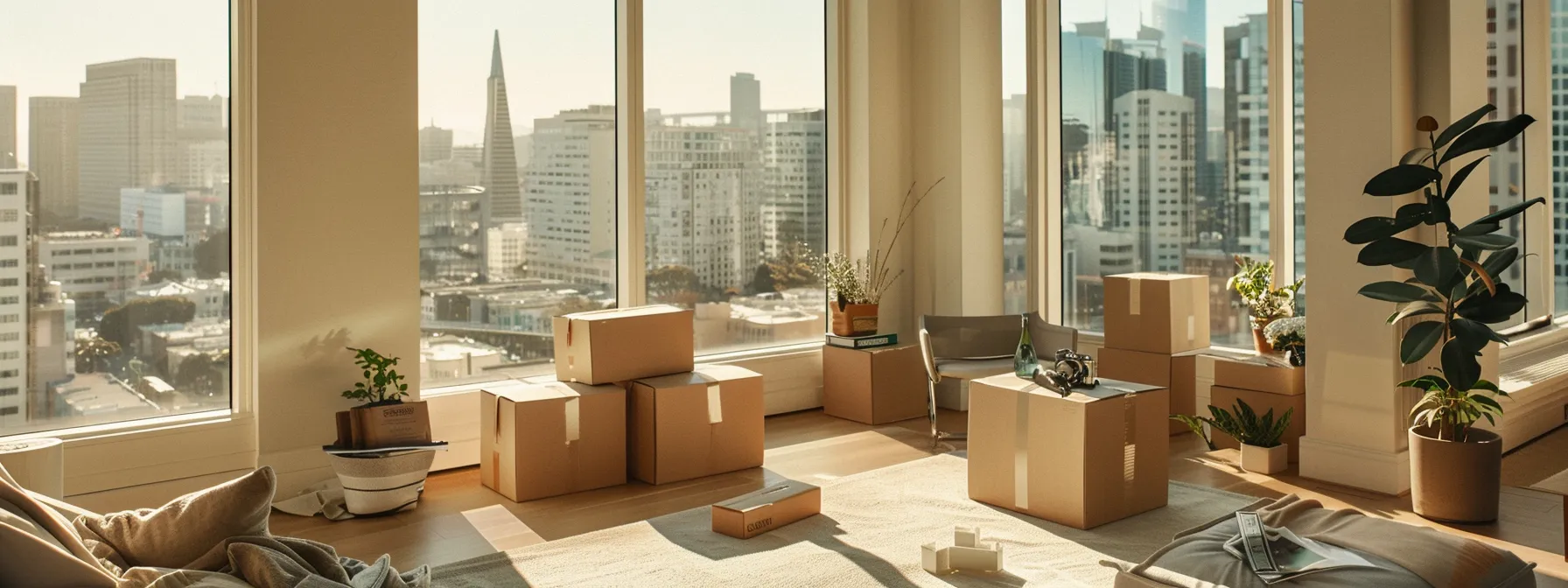 Unpacking Boxes In A Sunlit Living Room With Views Of San Francisco's Bustling Downtown Below.