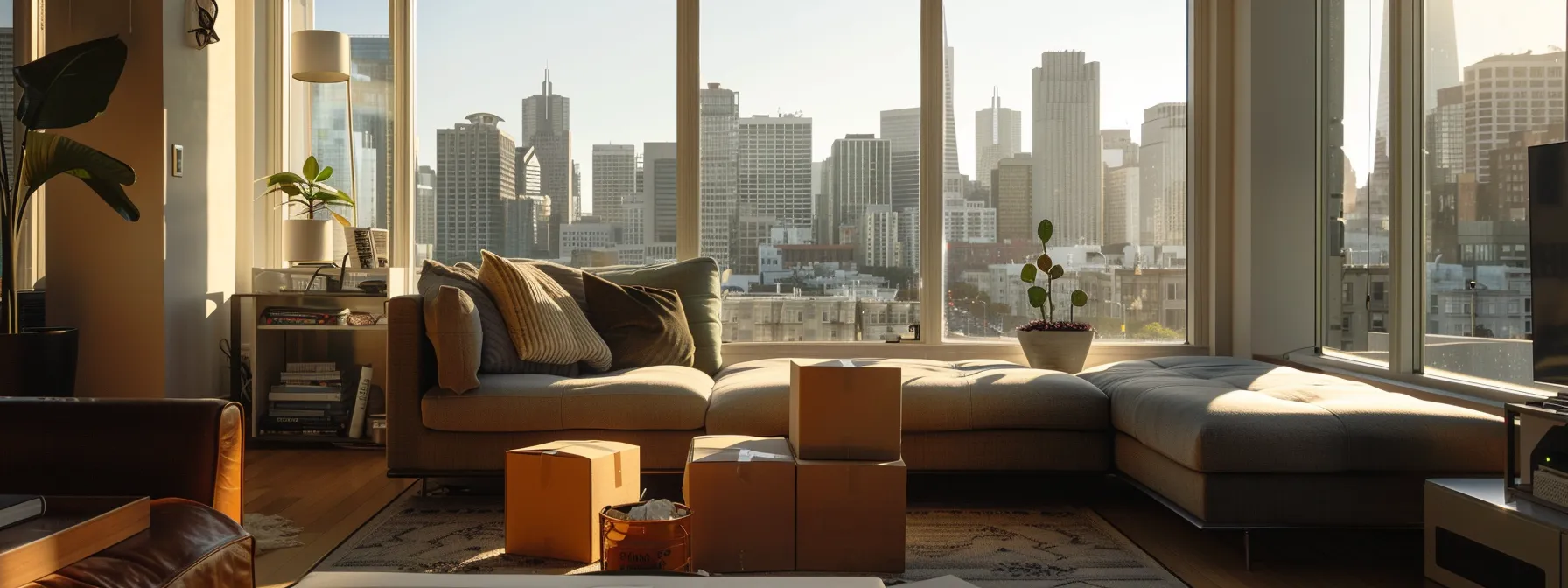 Unpacking Boxes In A Sunlit Living Room Overlooking The Iconic Skyline Of Downtown San Francisco.