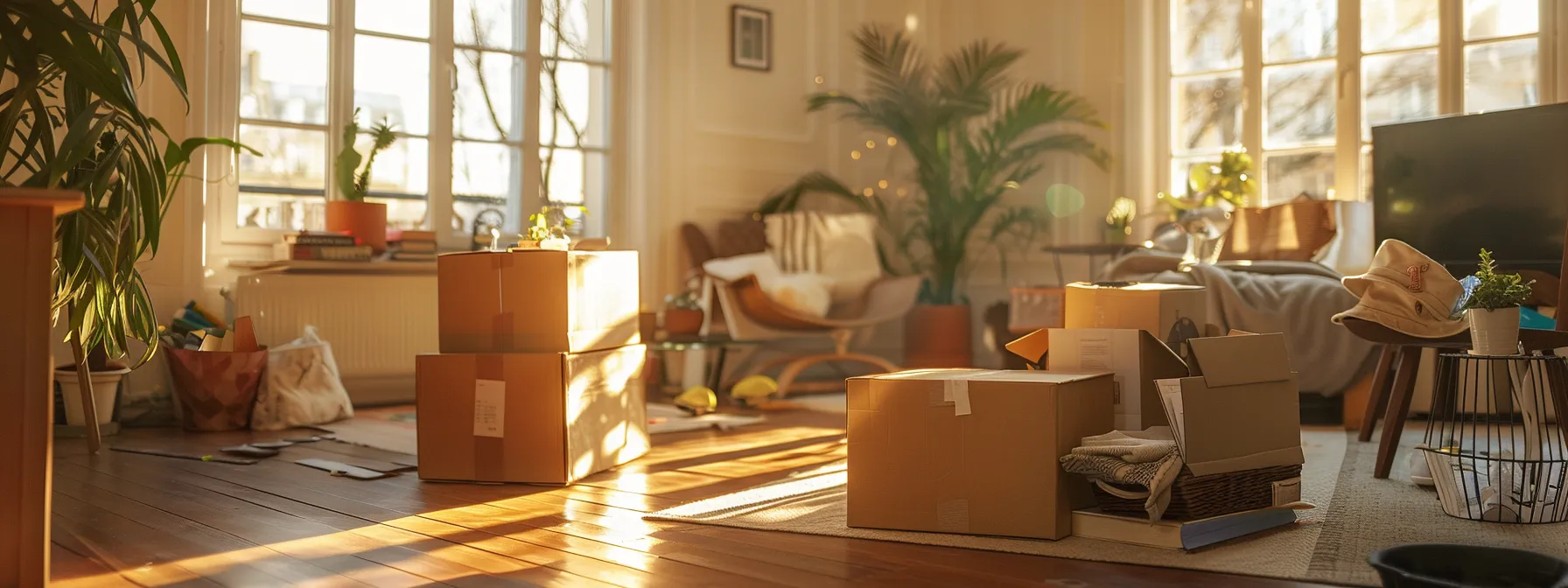 Unpacking Boxes In A Sunlit Living Room, With Scattered Belongings Creating A Cozy And Homely Atmosphere.