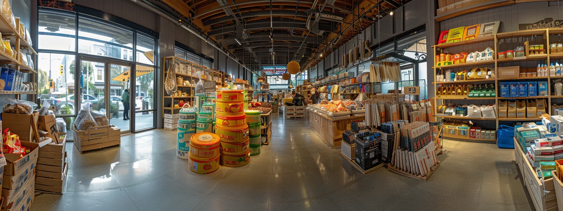 A Vibrant And Bustling Eco-Friendly Moving Supplies Store In Downtown San Francisco, Showcasing A Wide Array Of Sustainable Packing Materials And Products.