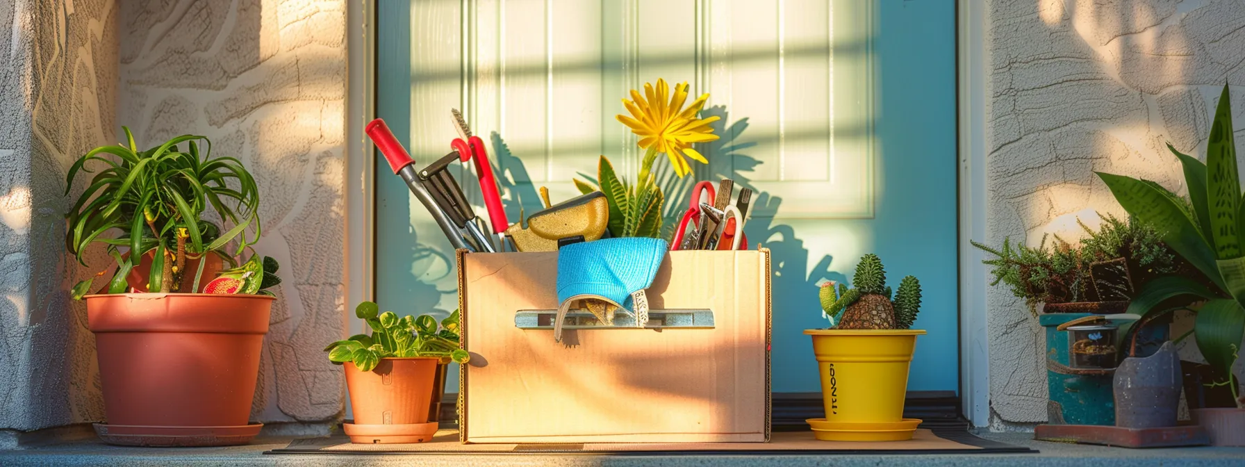 A Vibrant, Intricately Designed Cardboard Box Filled With Gardening Tools And Decor, Sitting On A Doorstep Under The Bright California Sun In Irvine, Ca (33.6846° N, 117.8265° W).