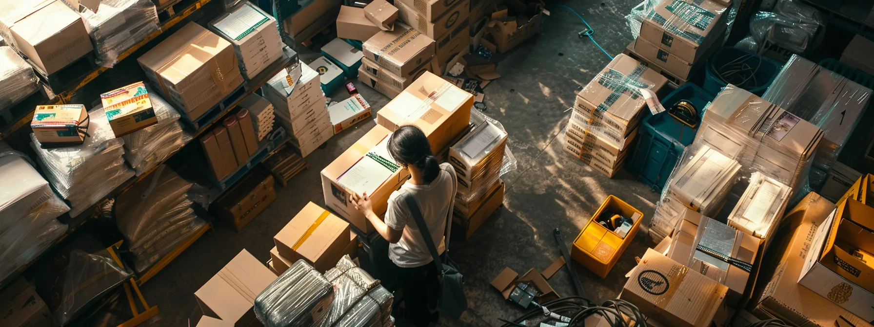 A Woman In A Busy Warehouse In Orange County, Surrounded By Various Shipping Packages, Meticulously Checking Labels For Compliance With Regulations. 