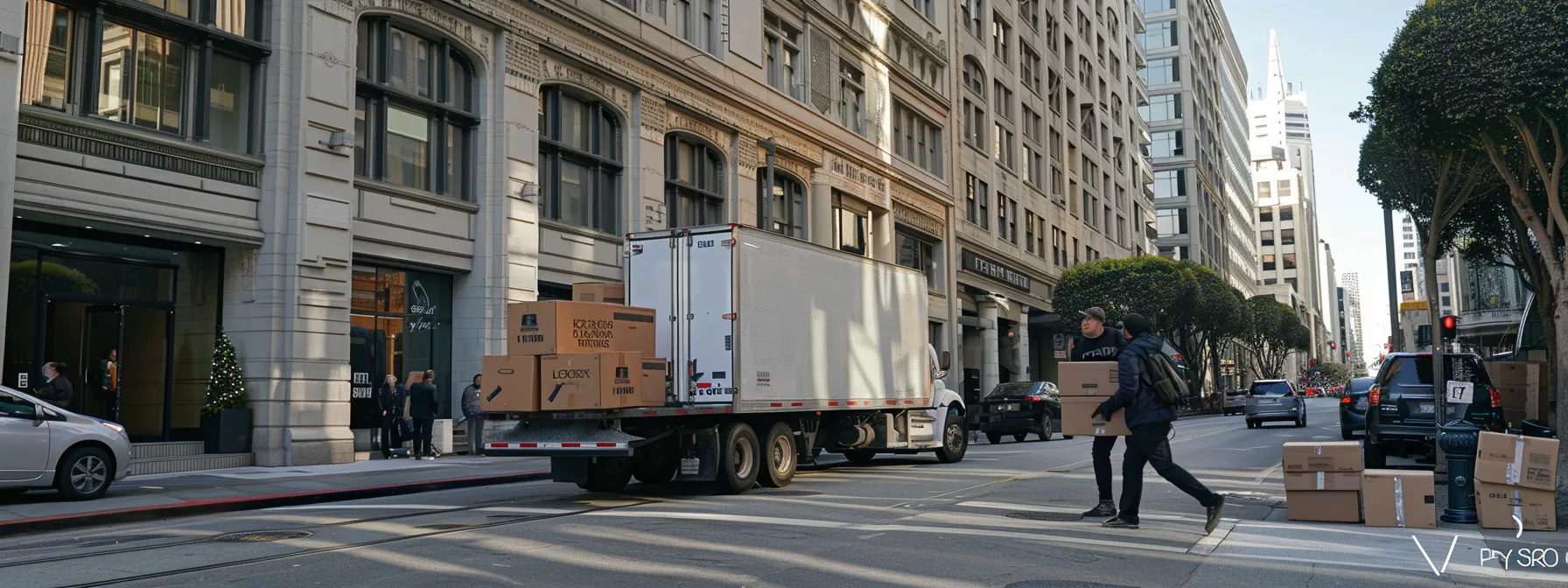 An Expert Moving Crew Carefully Loading Boxes Onto A Truck In Downtown San Francisco, Ensuring A Secure And Efficient Relocation Process. (Geo-Tag: 37.7749° N, 122.4194° W)