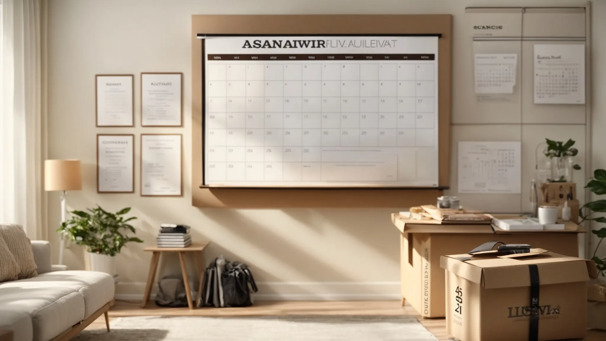 An Organized Living Room With Labeled Moving Boxes, A Calendar Showing The Optimal Moving Date, And Clear Communication Notes With The Mover On A Bulletin Board, All Set Against A Backdrop Of A Sunny Day In Irvine, Ca (Lat: 33.6846, Long: -117.8265).