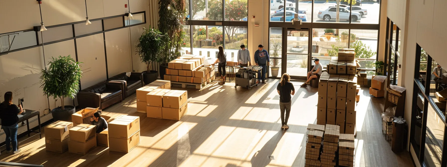 A Bustling Moving Company Office In Orange County, With Workers Organizing Boxes And Clients Discussing Services, Captured In Irvine, Ca (33.6839° N, 117.8253° W).