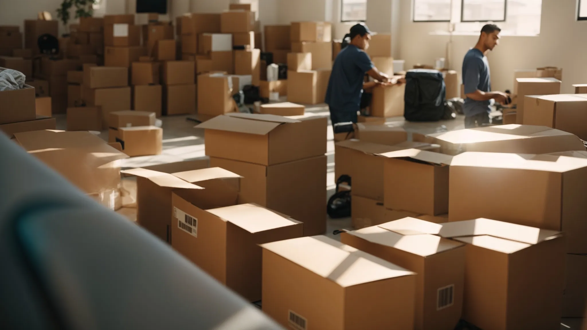 Frantically Packing Boxes In A Sunlit Room With Bustling Movers In Irvine, Ca (Lat: 33.6846, Long: -117.8265).