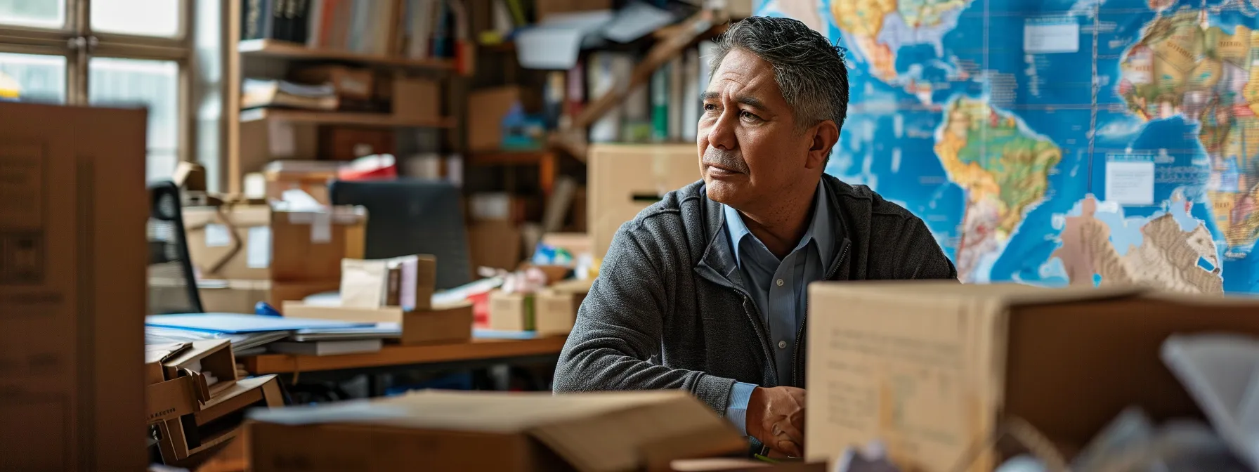 A Business Owner In Orange County, Surrounded By Moving Boxes And A Map Of International Destinations, Discussing Relocation Strategies With A Tech-Savvy Consultant.