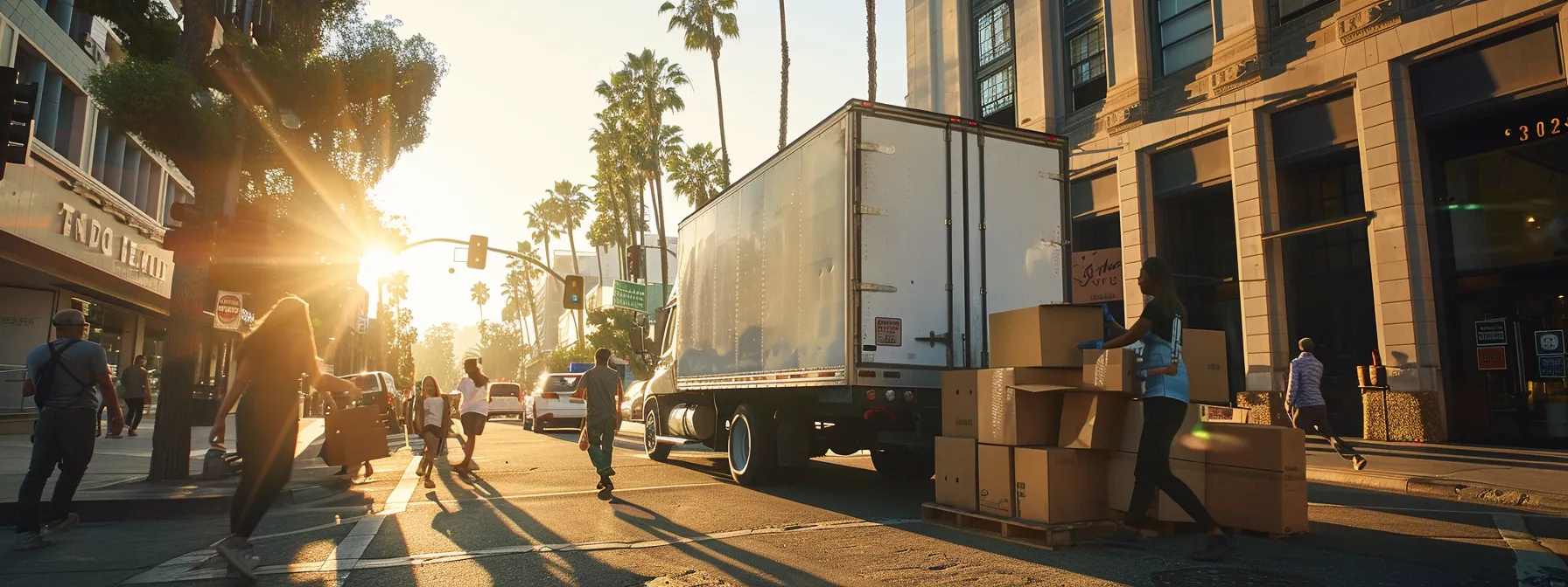 A Bustling Moving Team Swiftly Loading Boxes Into A Moving Truck On A Sunny Los Angeles Street, Embodying Efficient And Seamless Same-Day Service.