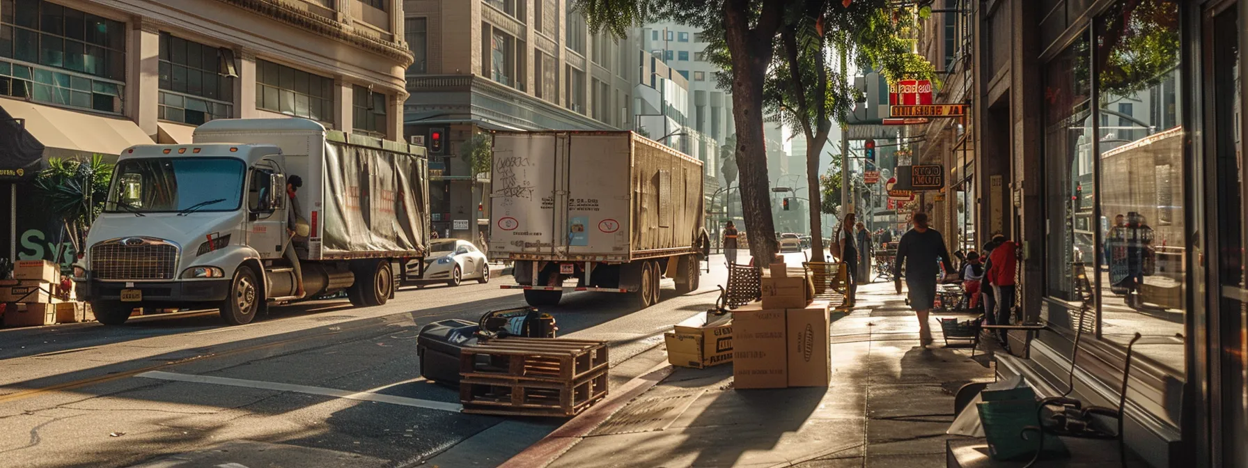 A Bustling Street In Los Angeles With A Moving Truck Parked Outside A High-Rise Building, As Movers Hurriedly Carry Out Furniture And Boxes Into The Building.