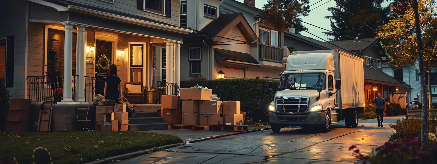 A Busy Moving Truck Parked In Front Of A Suburban Home, Surrounded By Boxes And Furniture, As A Family Watches Movers Load Their Belongings.