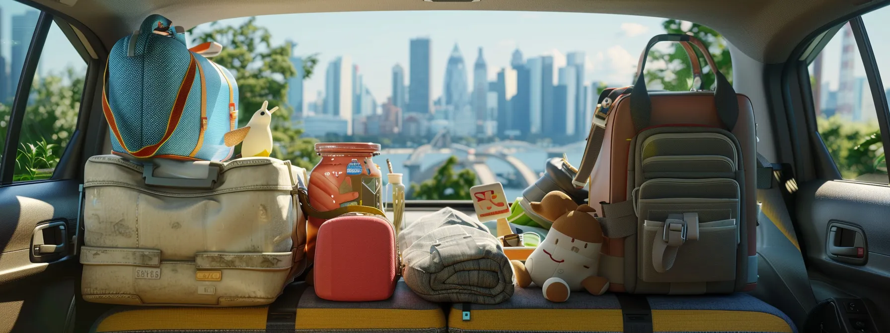 A Car Packed With Essential Travel Items And Heading Towards A New Home In A Distant City, With A Scenic Landscape In The Background.