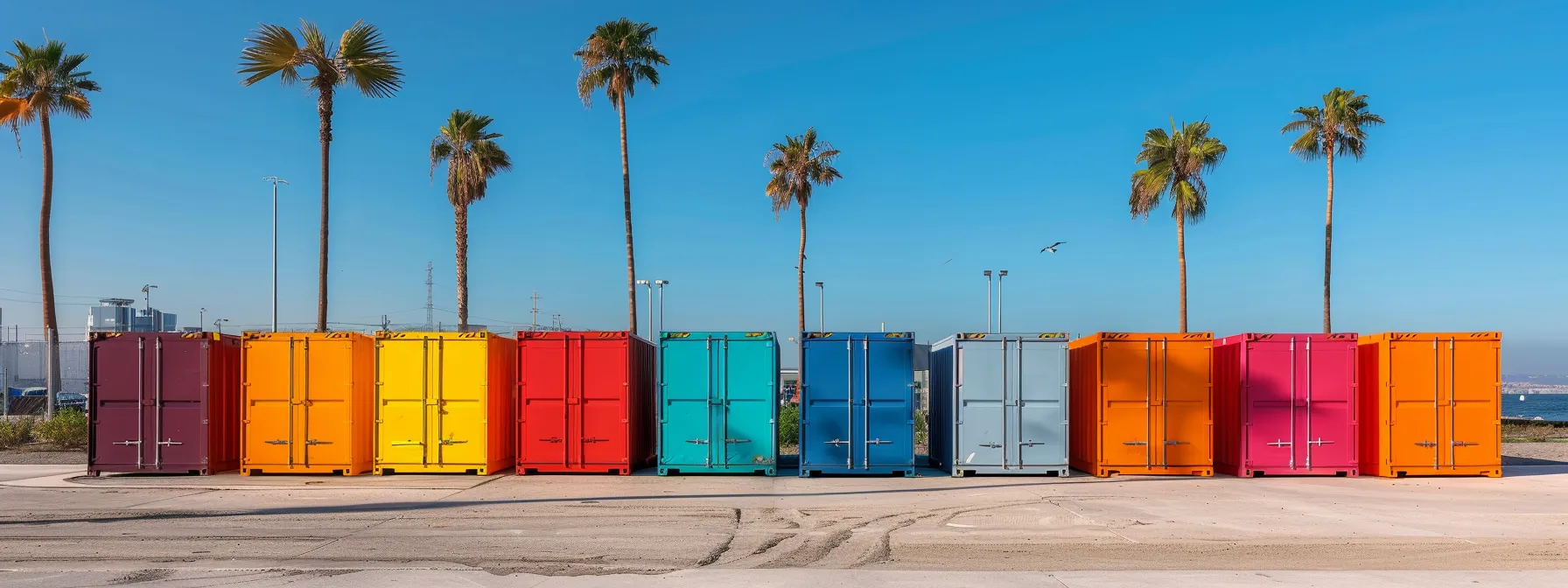 A Colorful Array Of Portable Storage Containers Lined Up In A Neatly Organized Row Under The Sunny Los Angeles Sky.